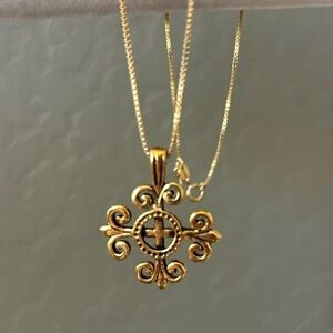 Gold Toned Cross‎ Medallion Pendant on Vermeil Box Chain NWT